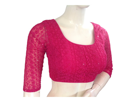 Light Magenta Color 3/4th Sleeves Chikankari Embroided Sequins Readymade Saree Blouse