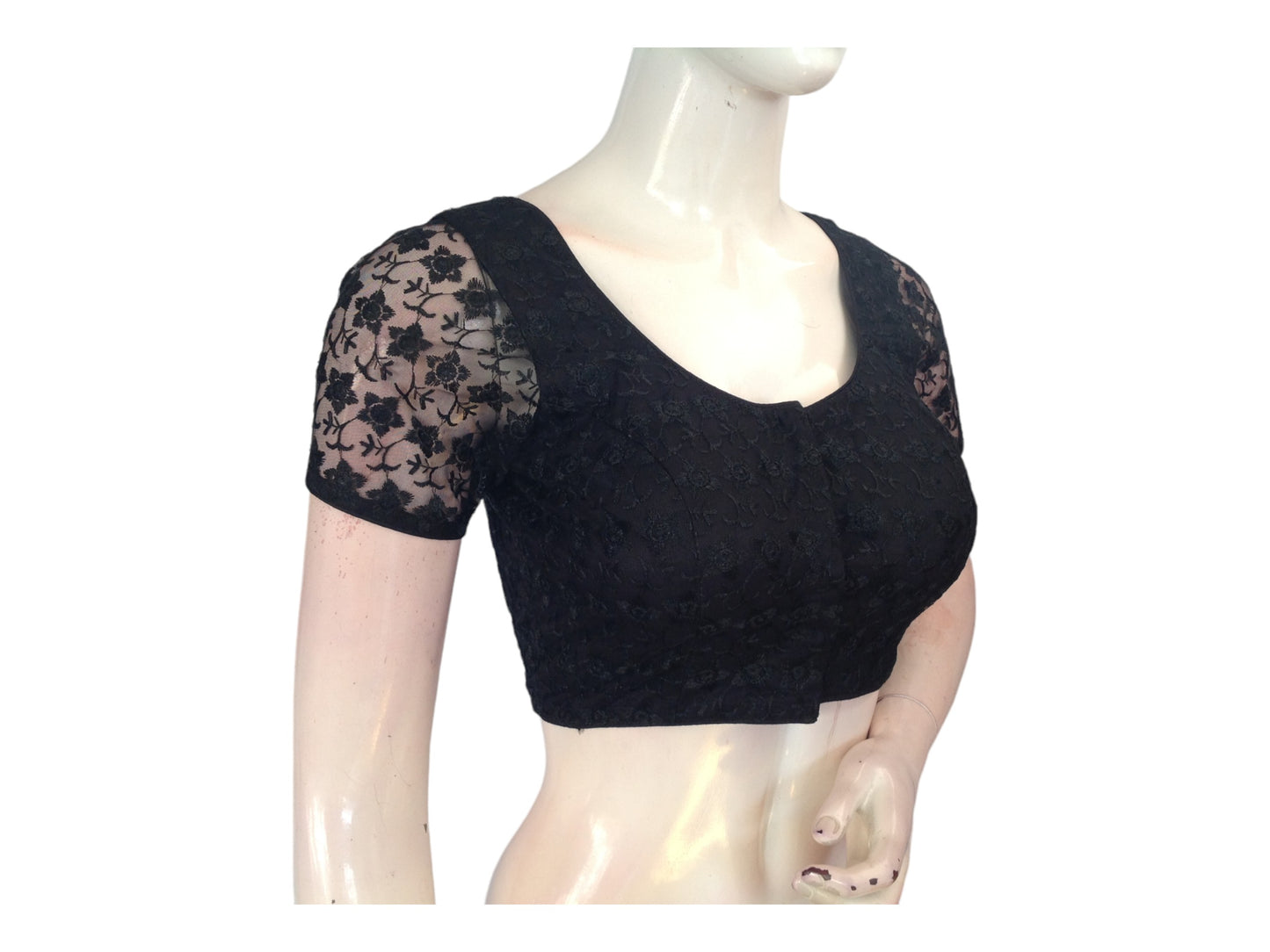Black Color Floral Netted Embroidery Readymade Saree Blouse, Indian Choli
