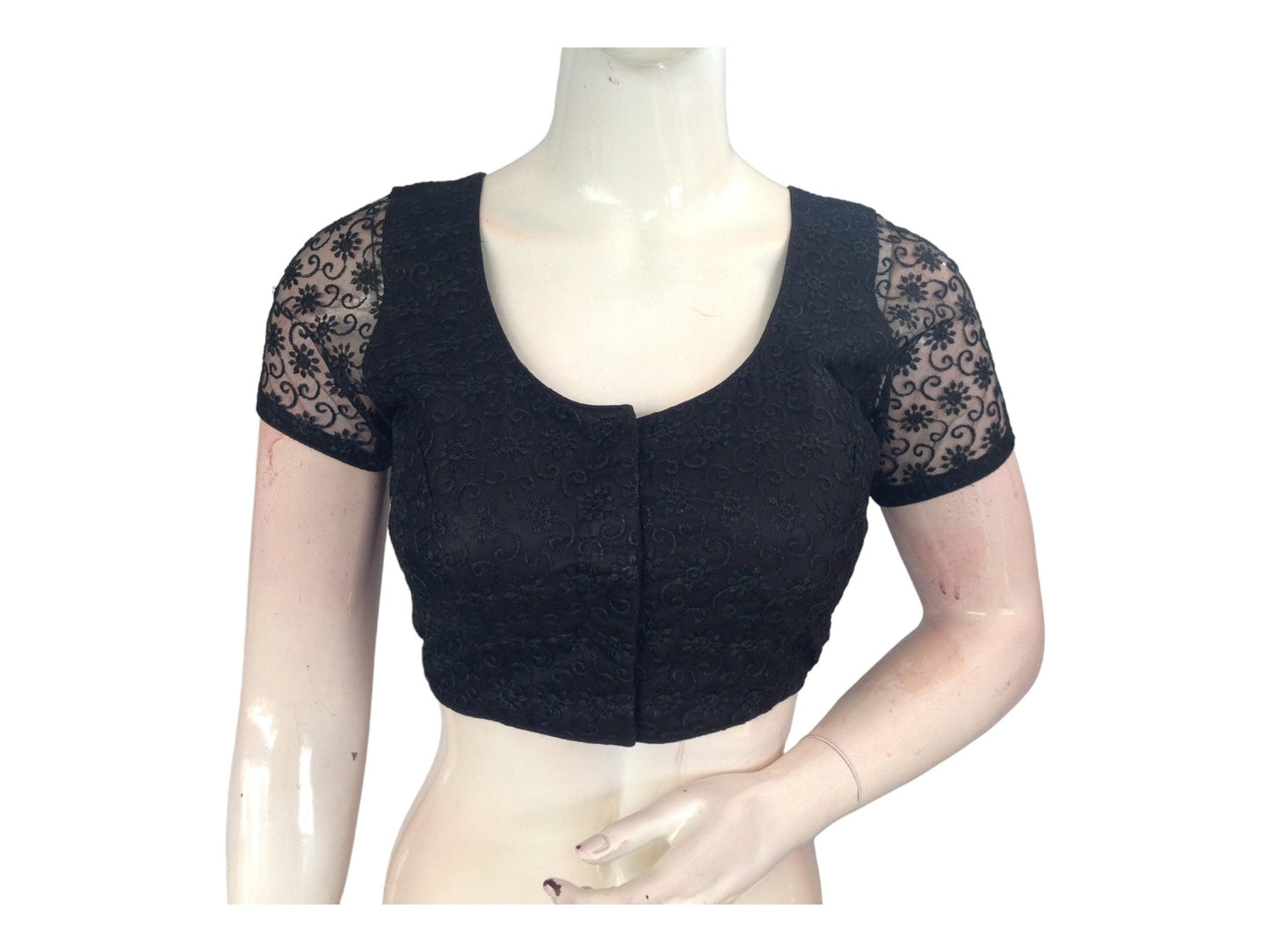 Black Color Floral Netted Embroidery Readymade Saree Blouse, Indian Choli - D3blouses