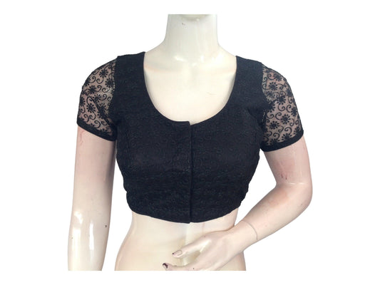 Black Color Floral Netted Embroidery Readymade Saree Blouse, Indian Choli - D3blouses