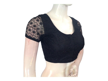 Black Color Floral Netted Embroidery Readymade Saree Blouse, Indian Choli - D3blouses