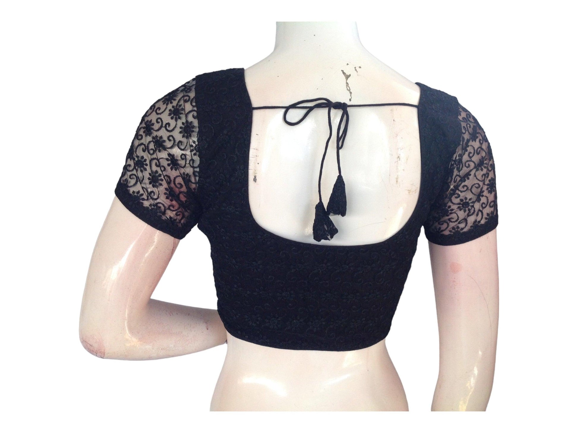 Black Color Floral Netted Embroidery Readymade Saree Blouse, Indian Choli - D3blouses