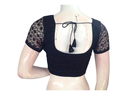 Black Color Floral Netted Embroidery Readymade Saree Blouse, Indian Choli - D3blouses
