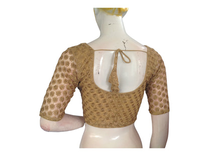 Gold Color Floral Netted Embroidery Readymade Saree Blouse, Indian Choli