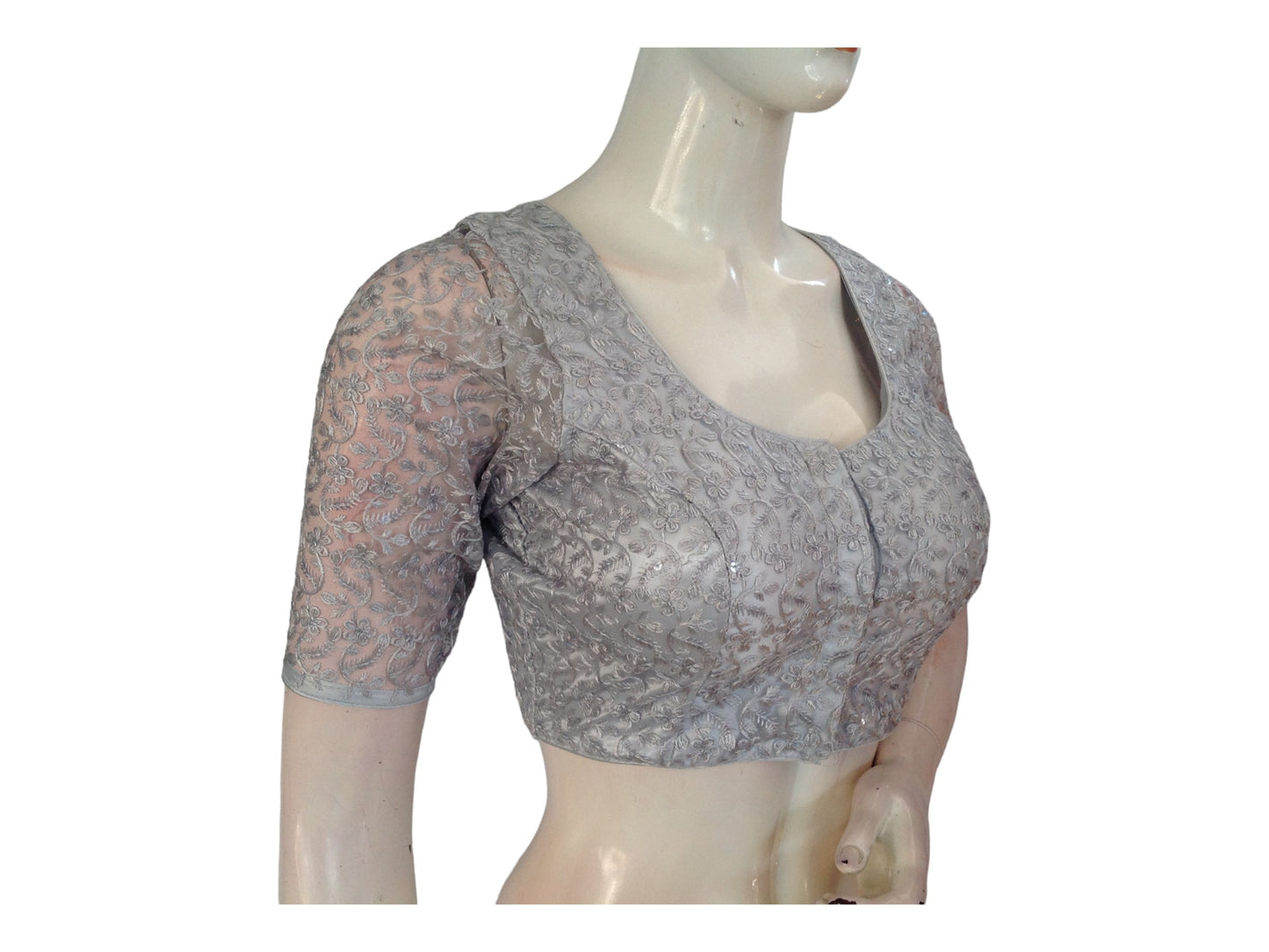 Silver Color Floral Netted Embroidery Readymade Saree Blouse, Indian Choli