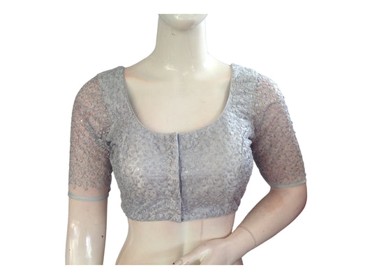 Silver Color Floral Netted Embroidery Readymade Saree Blouse, Indian Choli