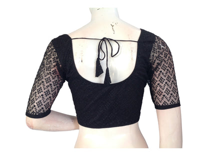 Black Color Floral Netted Embroidery Readymade Saree Blouse, Indian Choli