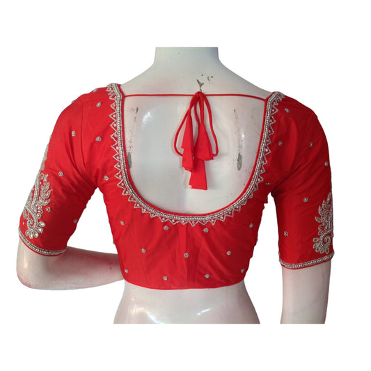Ruby Red Silver Aari Handwork Bridal Silk Saree Blouse - A Fiery Masterpiece