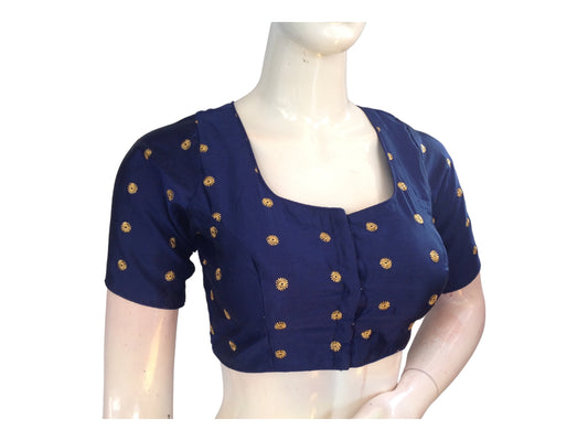 Navy Color Semi Silk Embroidered Readymade Saree Blouse