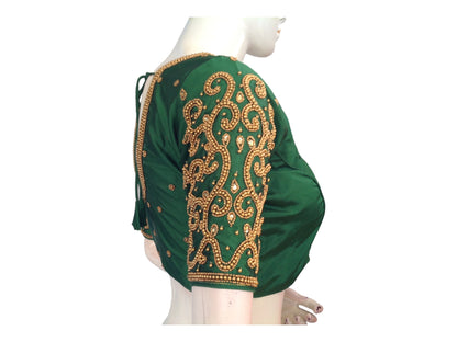 Green Color Saree Blouse, Bridal Aari Handwork Readymade Saree Blouse, Indian Ethnic Wedding Blouse