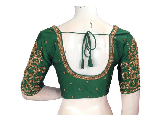 Green Color Saree Blouse, Bridal Aari Handwork Readymade Saree Blouse, Indian Ethnic Wedding Blouse