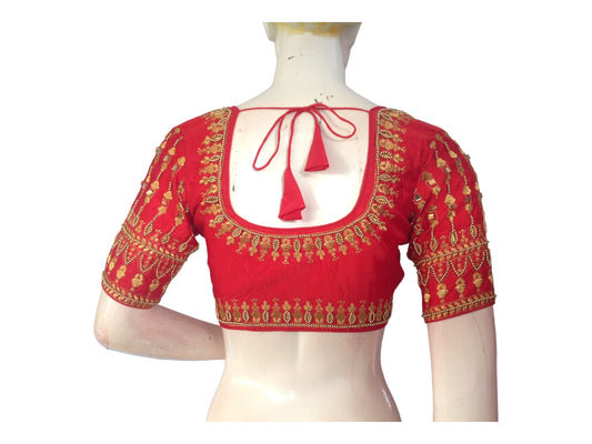 Red Color Saree Blouse, Bridal Aari Handwork Readymade Saree Blouse, Indian Ethnic Wedding Choli top