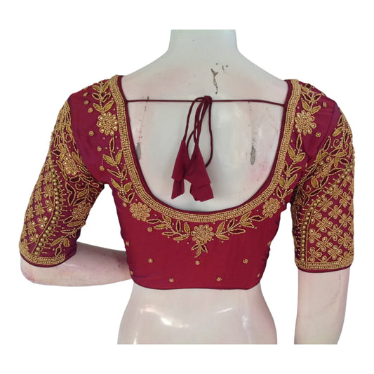 Dark Raspberry Pink Color Handcrafted Aari HandWork Bridal Saree Blouse