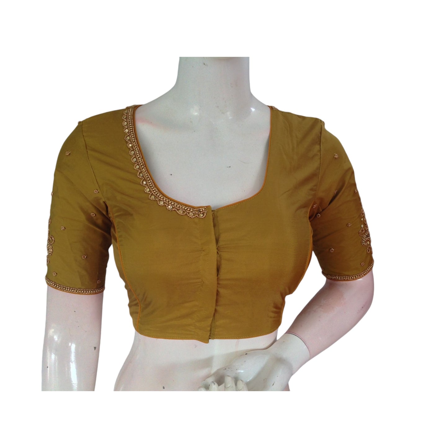 Dark Mustard Glory : Aari Handwork Wedding Silk Saree Readymade Blouse