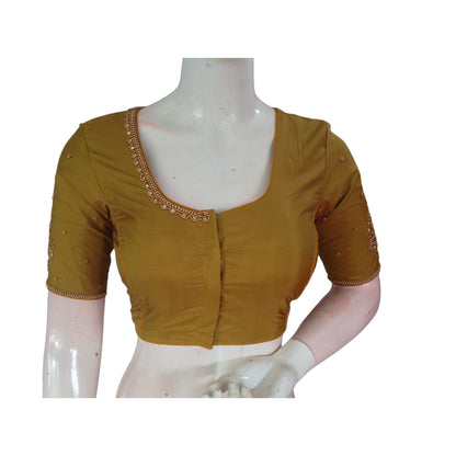 Dark Mustard Glory : Aari Handwork Wedding Silk Saree Readymade Blouse