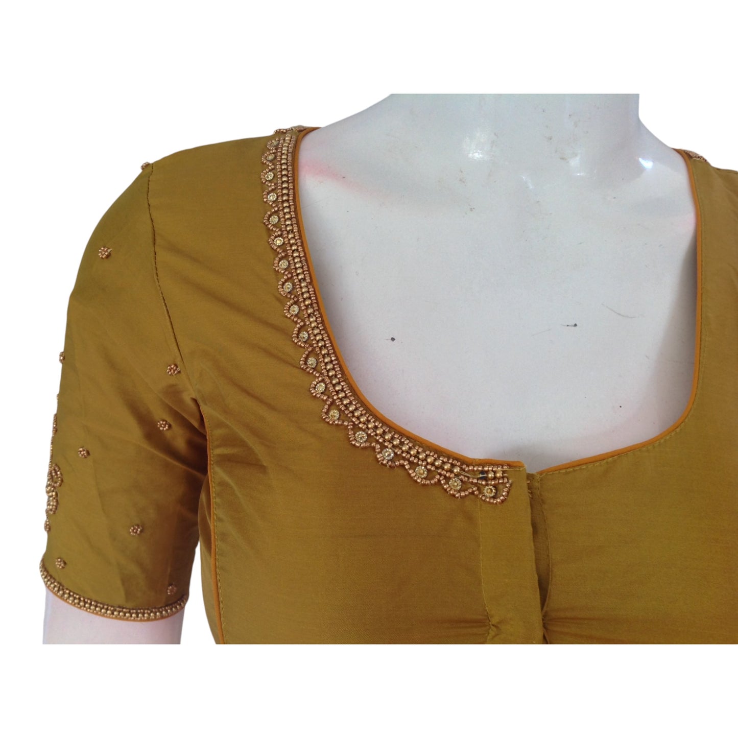 Dark Mustard Glory : Aari Handwork Wedding Silk Saree Readymade Blouse