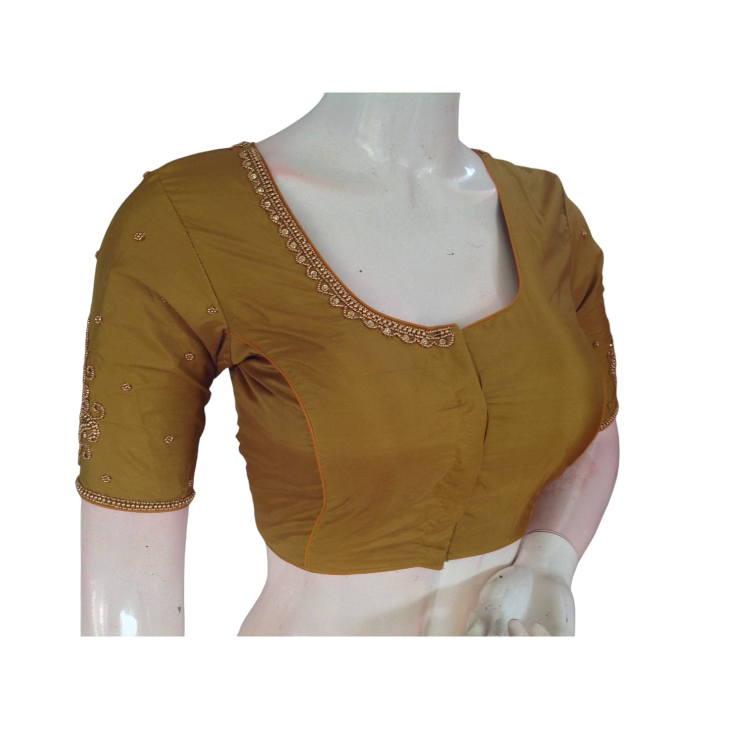 Dark Mustard Glory : Aari Handwork Wedding Silk Saree Readymade Blouse