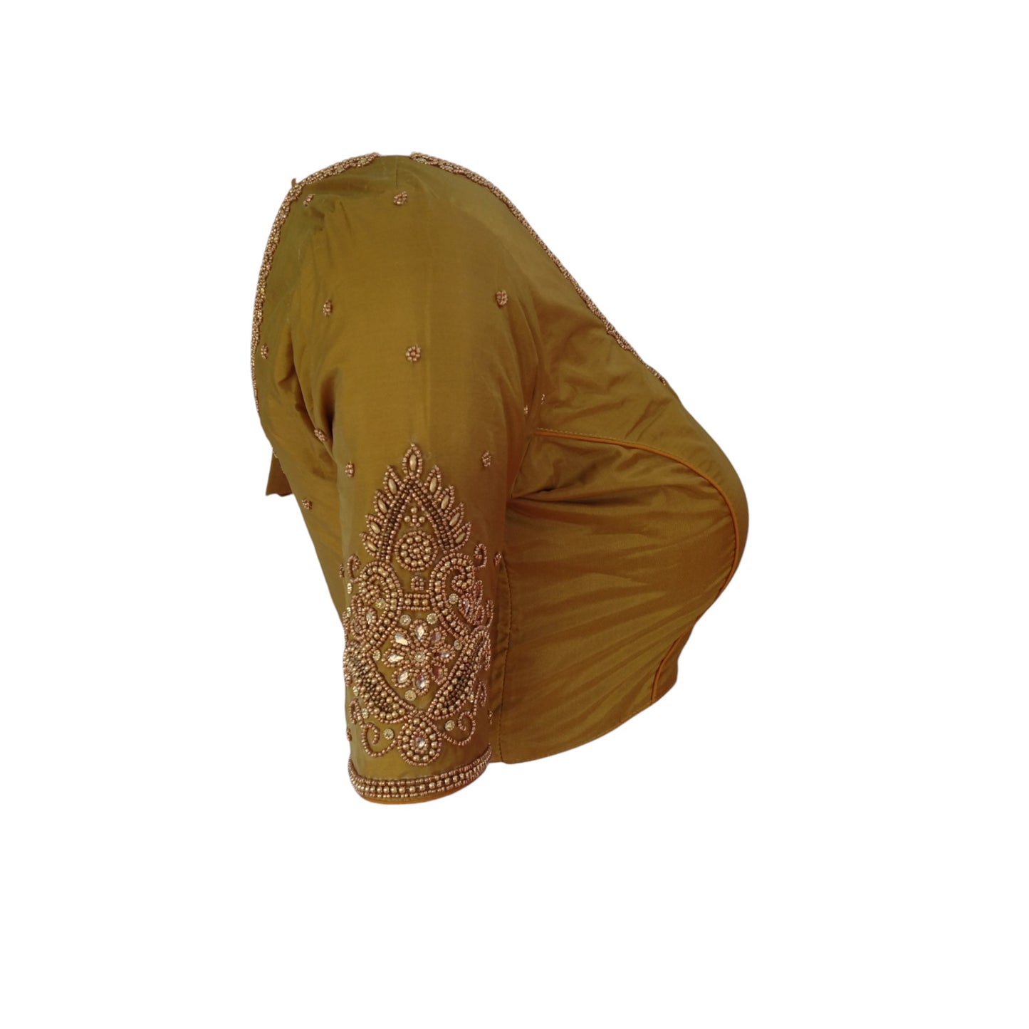 Dark Mustard Glory : Aari Handwork Wedding Silk Saree Readymade Blouse