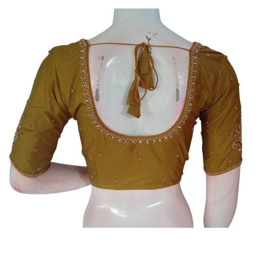 Dark Mustard Glory : Aari Handwork Wedding Silk Saree Readymade Blouse