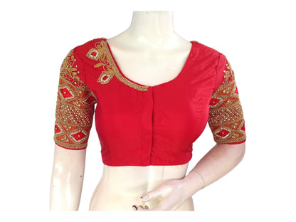 Red Bridal Handwork Saree Blouse, Indian Ethnic Wedding Choli Top