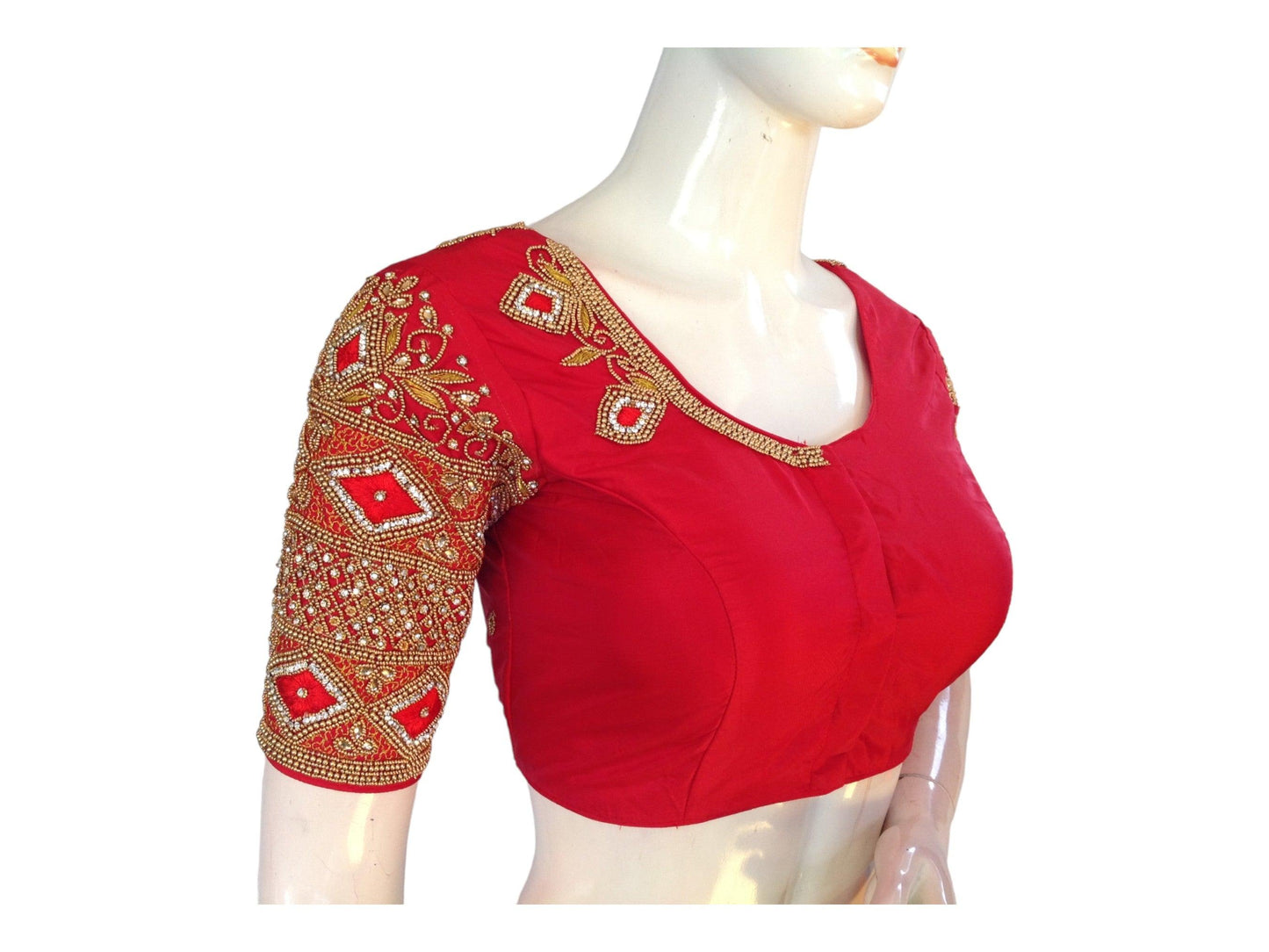 Red Bridal Handwork Saree Blouse, Indian Ethnic Wedding Choli Top