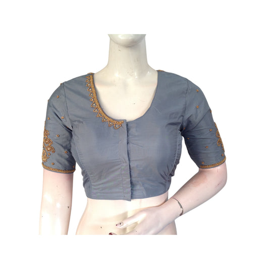 Modern Grey: Aari Handwork Wedding Silk Saree Ready made Blouses