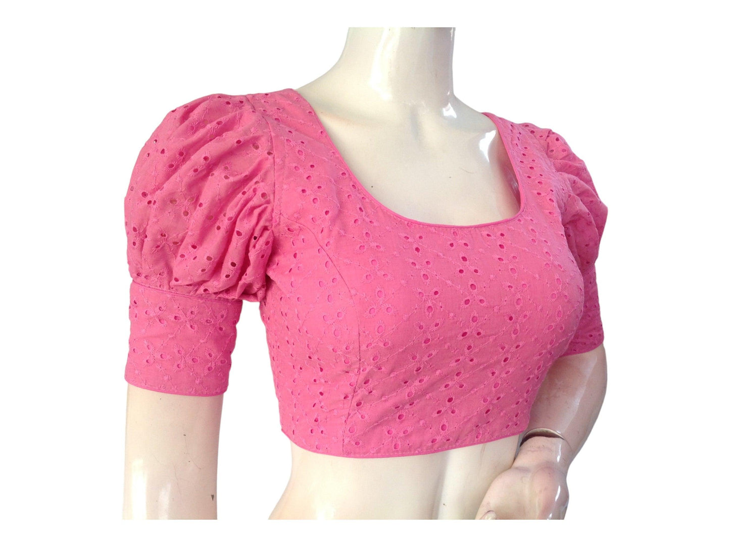Pink color Saree Blouse, Readymade Saree Blouse, Hakoba Cotton Puff sleeves Blouse