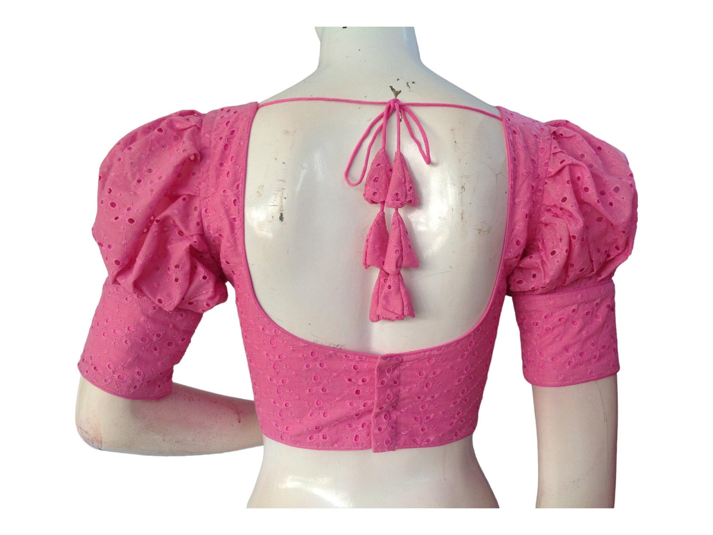 Pink color Saree Blouse, Readymade Saree Blouse, Hakoba Cotton Puff sleeves Blouse