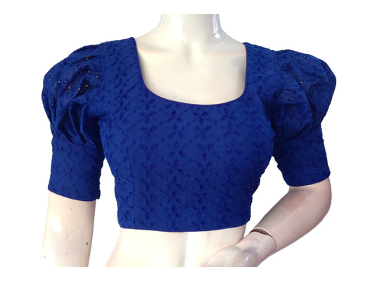Blue color Saree Blouse, Readymade Saree Blouse, Hakoba Cotton Puff sleeves Blouse
