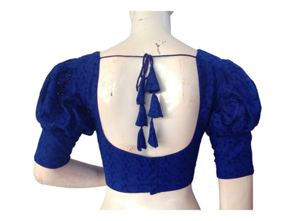 Blue color Saree Blouse, Readymade Saree Blouse, Hakoba Cotton Puff sleeves Blouse