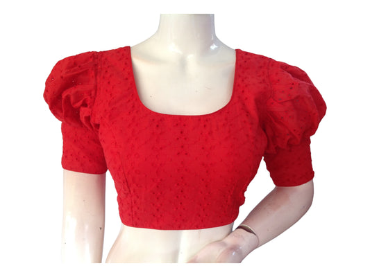 Red color Saree Blouse, Readymade Saree Blouse, Hakoba Cotton Puff sleeves Blouse
