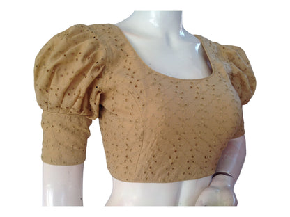 Gold color Saree Blouse, Readymade Saree Blouse, Hakoba Cotton Puff sleeves Blouse