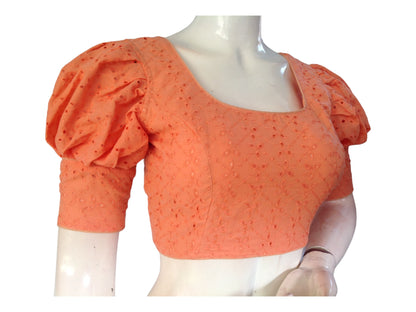 Peach Pink color Saree Blouse, Readymade Saree Blouse, Hakoba Cotton Puff sleeves Blouse