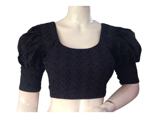 Black color Saree Blouse, Readymade Saree Blouse, Hakoba Cotton Puff sleeves Blouse