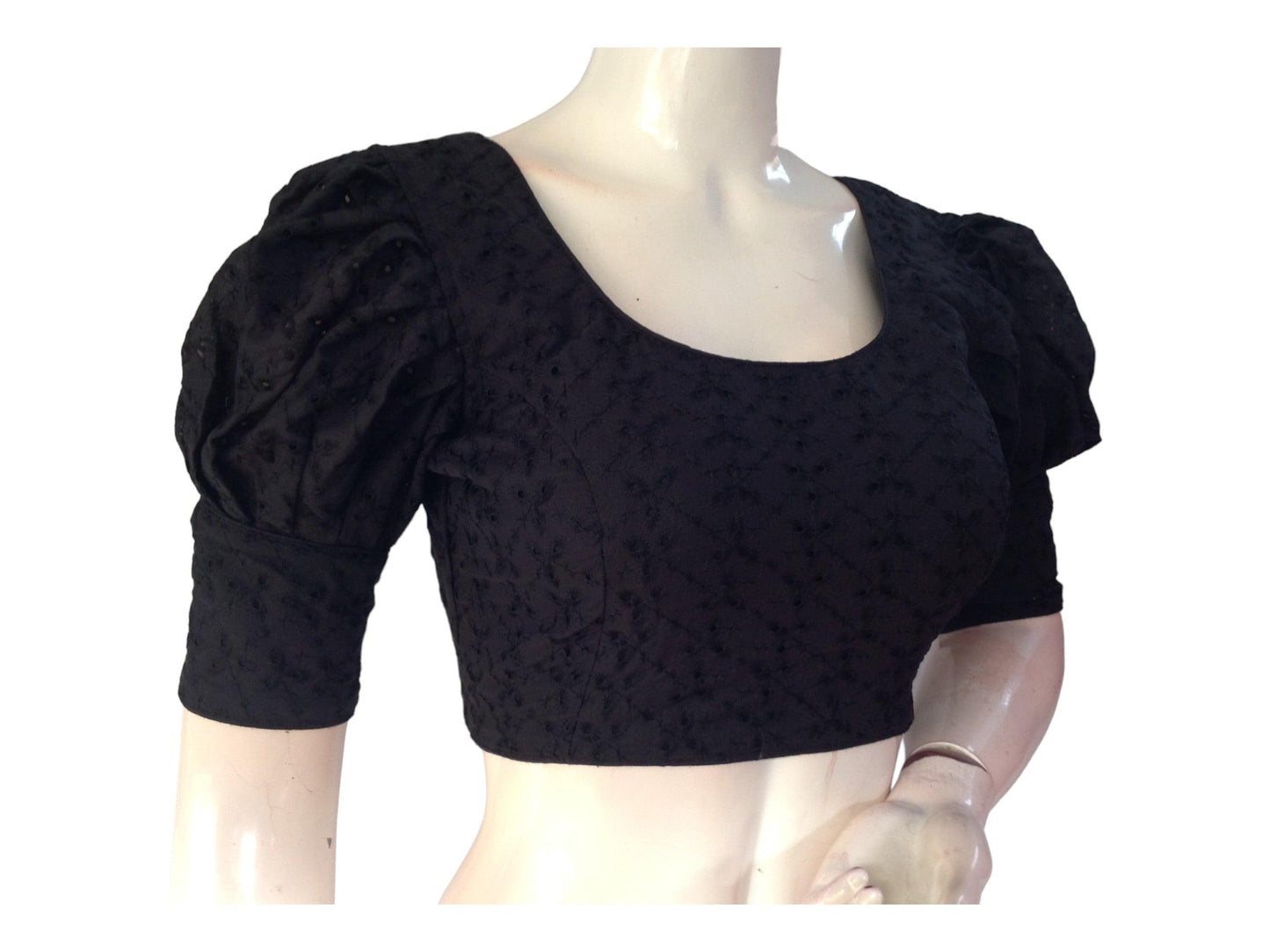 Black color Saree Blouse, Readymade Saree Blouse, Hakoba Cotton Puff sleeves Blouse