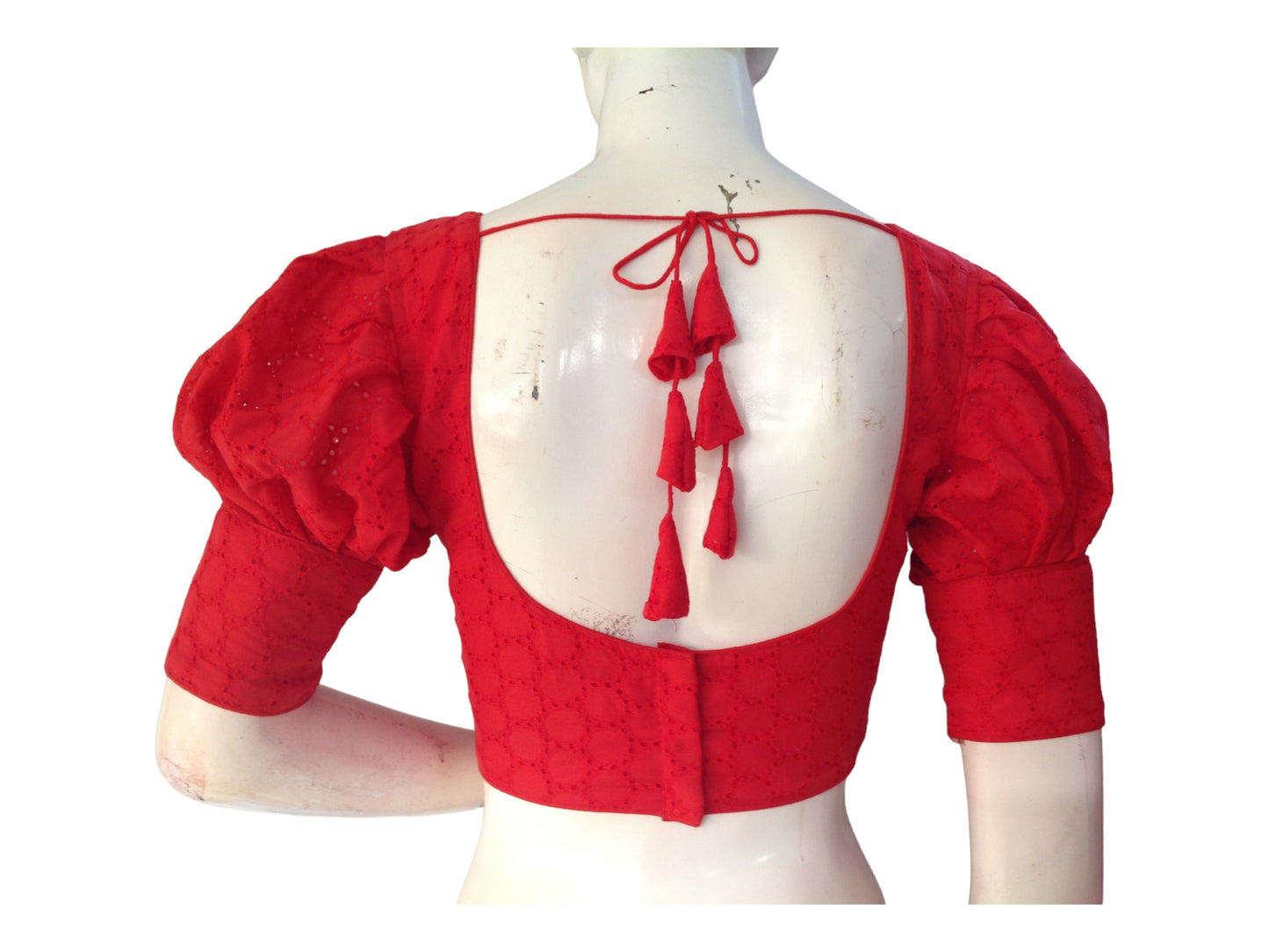 Red color Saree Blouse, Readymade Saree Blouse, Hakoba Cotton Puff sleeves Blouse