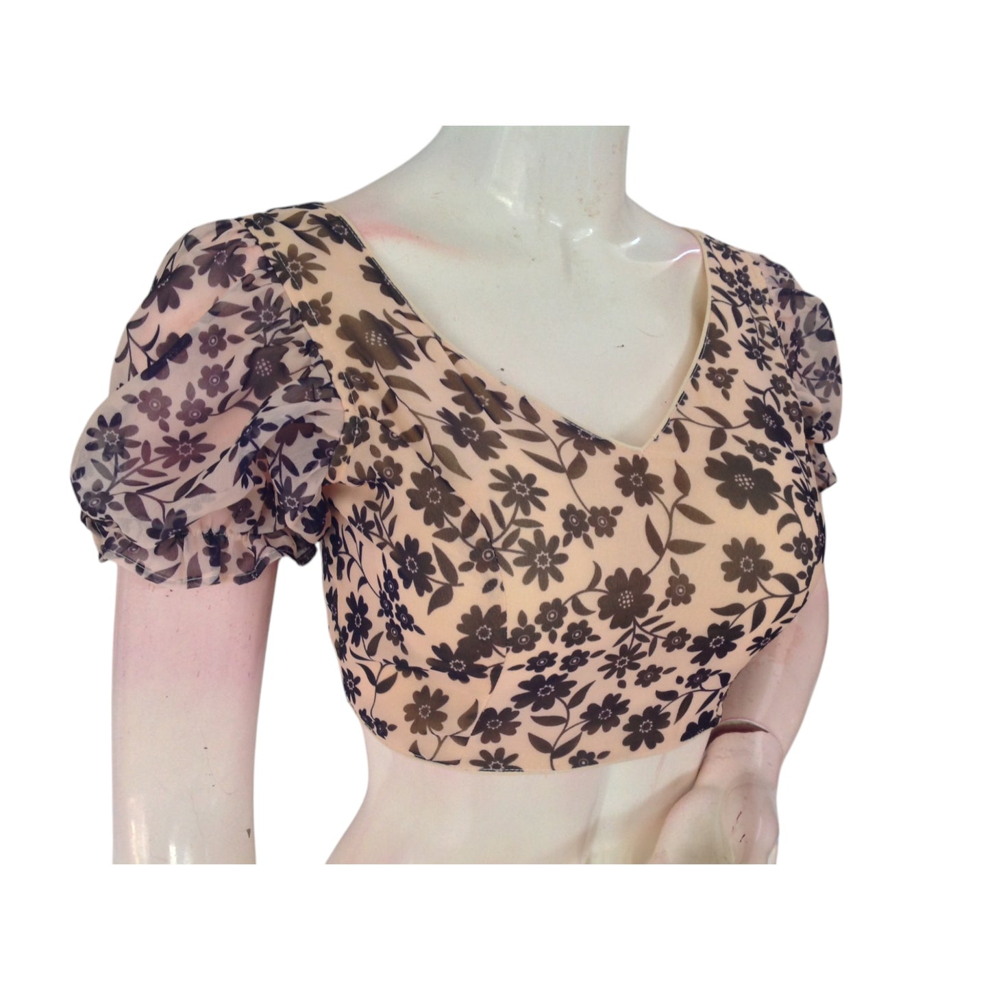 Soft and Sweet: Beige Color Organza Puff Sleeve Blouse