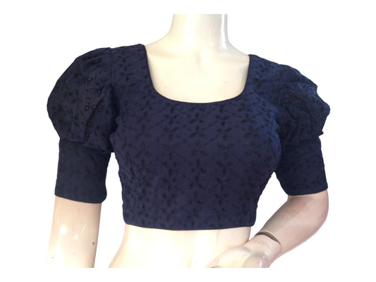 Navy Blue color Saree Blouse, Readymade Saree Blouse, Hakoba Cotton Puff sleeves Blouse