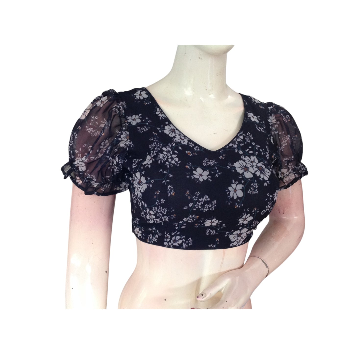 Midnight Blue Magic: Dark Navy Organza Puff Sleeve Readymade Blouse