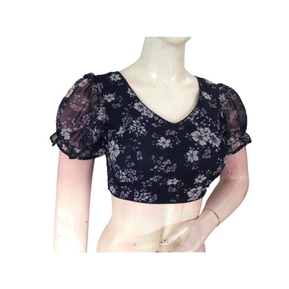 Midnight Blue Magic: Dark Navy Organza Puff Sleeve Readymade Blouse