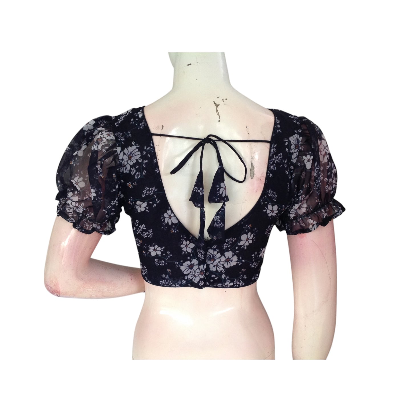 Midnight Blue Magic: Dark Navy Organza Puff Sleeve Readymade Blouse