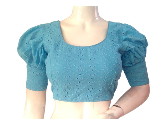 Sky Blue color Saree Blouse, Readymade Saree Blouse, Hakoba Cotton Puff sleeves Blouse