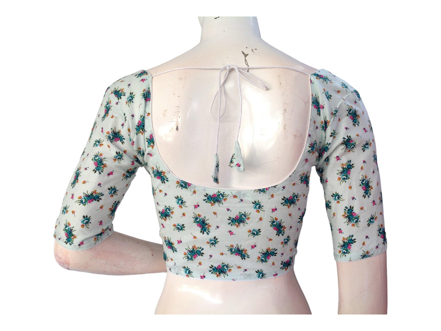 Pastel Mint Color Cotton Floral Printed Saree Blouse, Indian Readymade Choli top from D3 Blouses - D3blouses