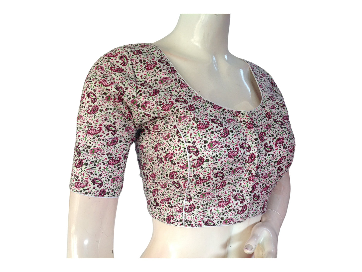 White Color Cotton Floral Printed Saree Blouse, Indian Readymade Choli top from D3 Blouses
