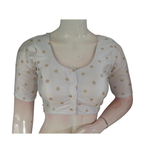 Pure Elegance: Timeless White Semi-Silk Blouse with Intricate Embroidery
