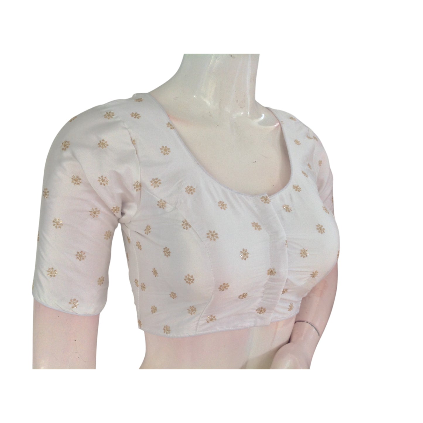 Pure Elegance: Timeless White Semi-Silk Blouse with Intricate Embroidery