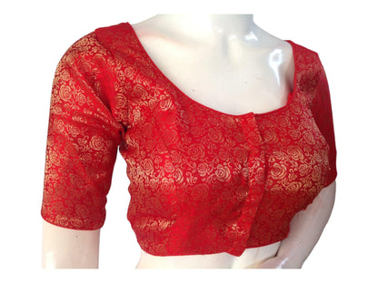 Elevate your ethnic ensemble with our Red Brocade Readymade Saree Blouse, curated for plus-size wearers. Featuring intricate detailing, this blouse adds sophistication to your look, making it the perfect choice for enhancing your ethnic attire with grace and style.