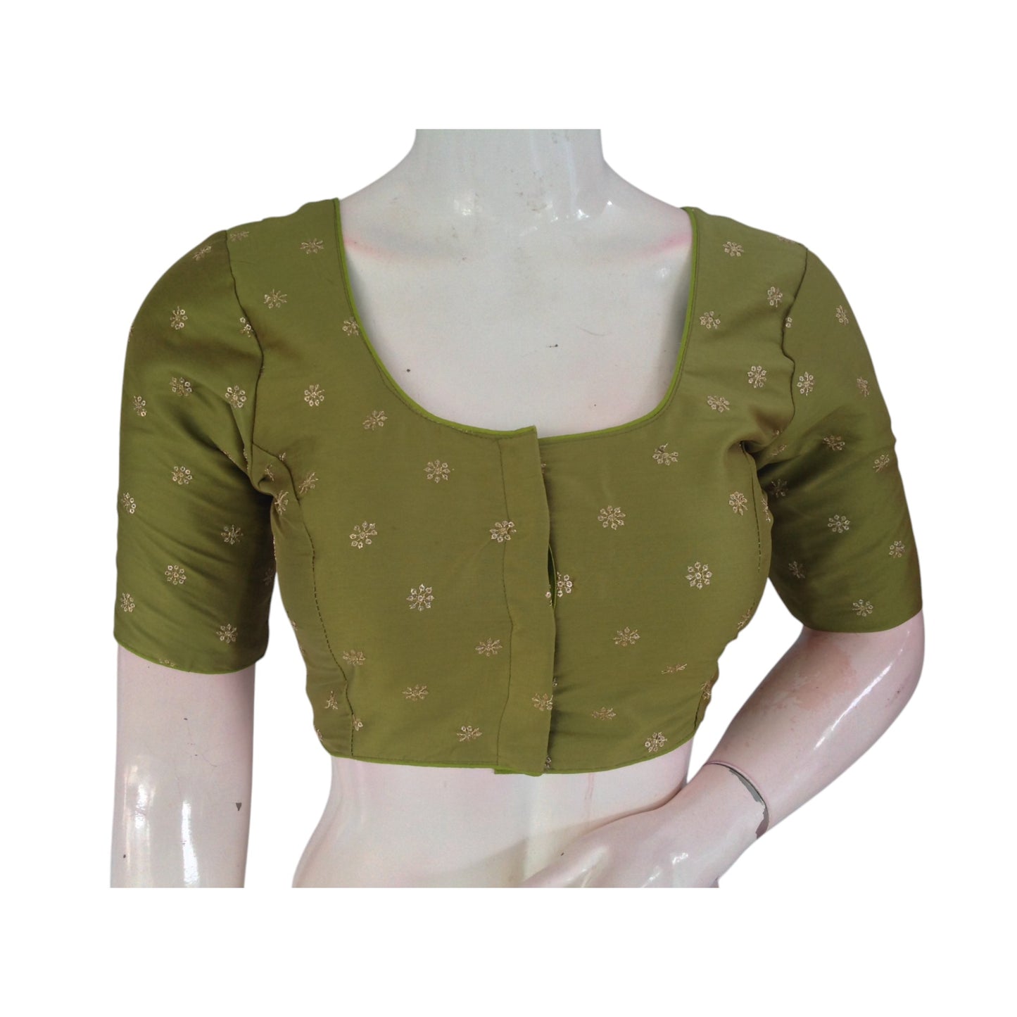 Earthy Elegance: Olive Green Semi-Silk Blouse with Intricate Embroidery