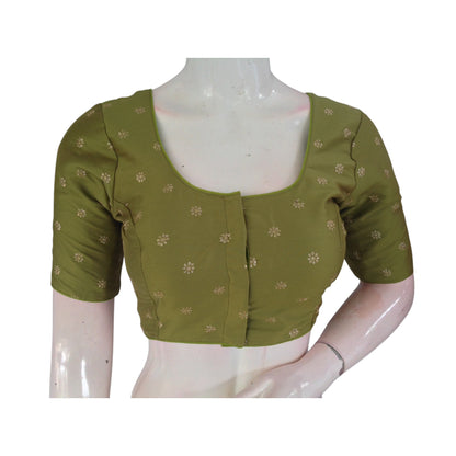 Earthy Elegance: Olive Green Semi-Silk Blouse with Intricate Embroidery