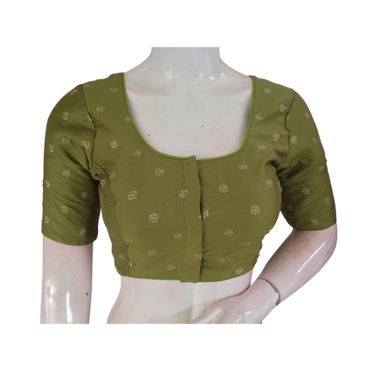 Earthy Elegance: Olive Green Semi-Silk Blouse with Intricate Embroidery